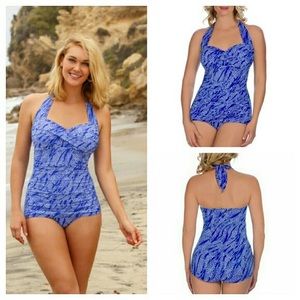 Suddenly Slim Catalina one piece swimsuit blue white 1X 16W Swim Suit Bathing